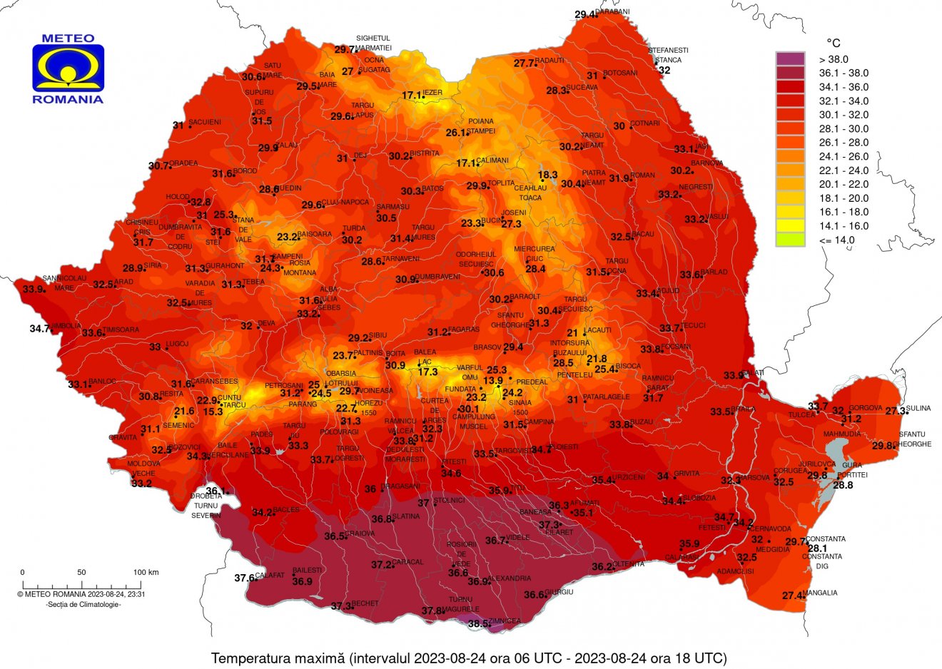 A legmagasabb hőmérsékleti értékek csütörtökön, 18 órakor •  Fotó: Országos Meteorológiai Igazgatóság
