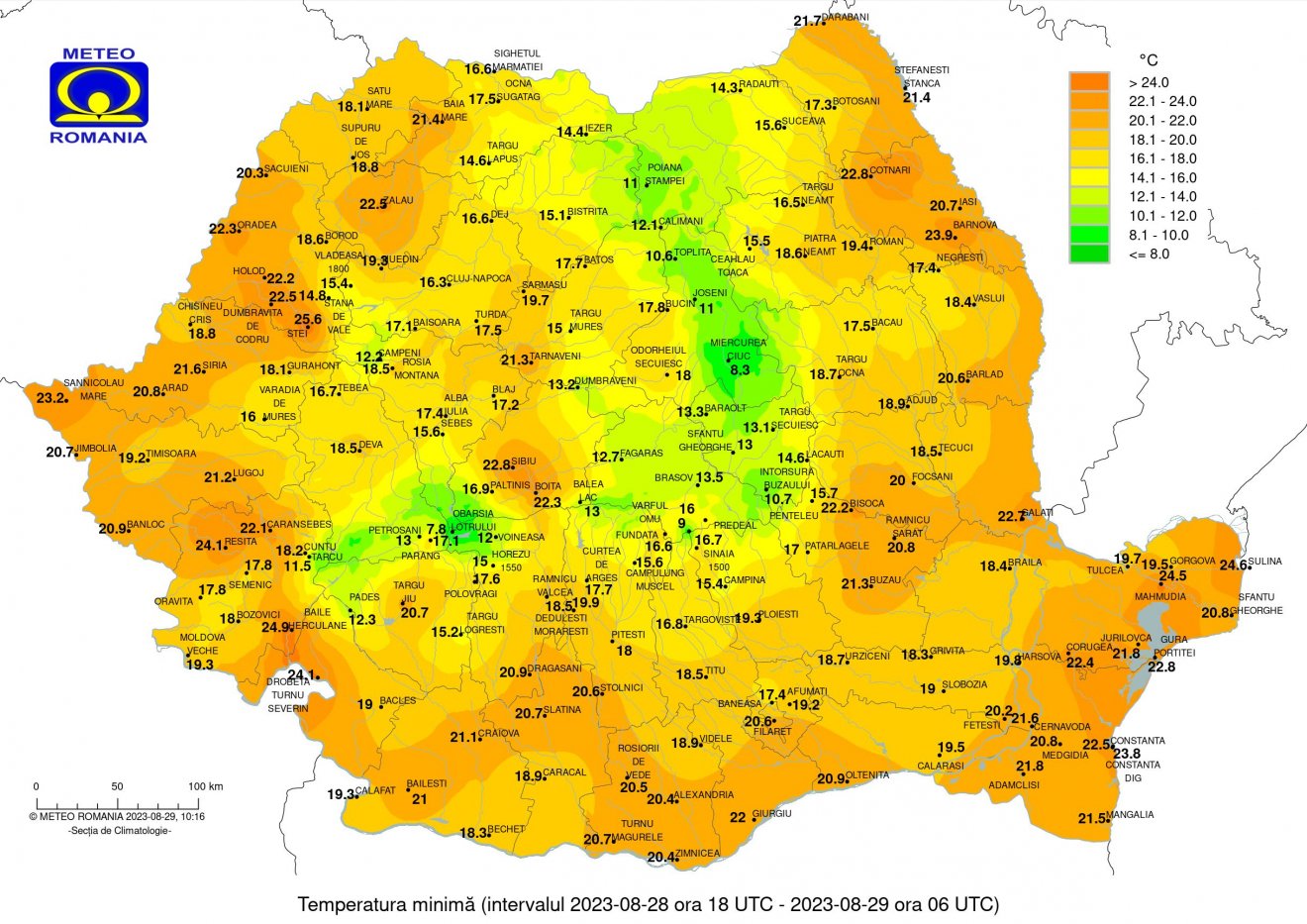 Hajnali minimum hőmérsékletek augusztus 29-re virradóan •  Fotó: Országos Meteorológiai Szolgálat