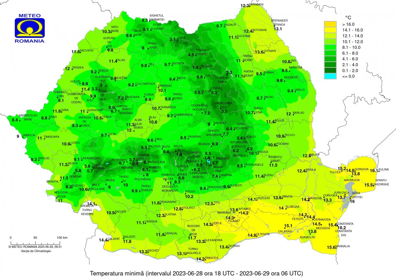 Hőmérsékleti értékek csütörtökre virradóan •  Fotó: Országos Meteorológiai Szolgálat
