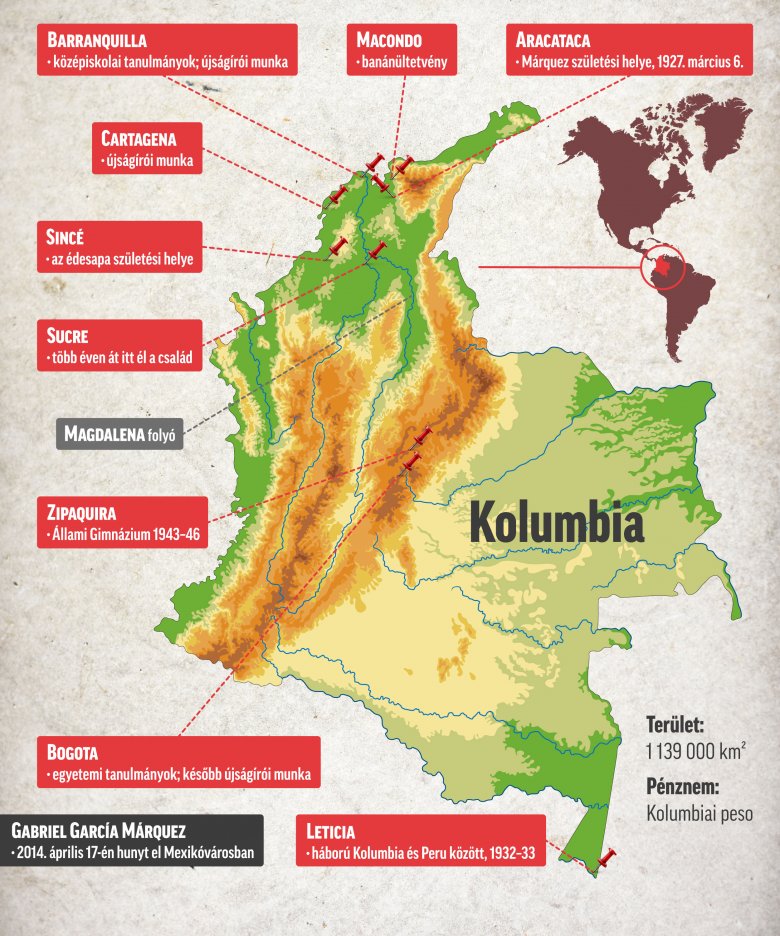 Néhány meghatározó helyszín Márquez életéből. Infografika: Csáki Ferencz 