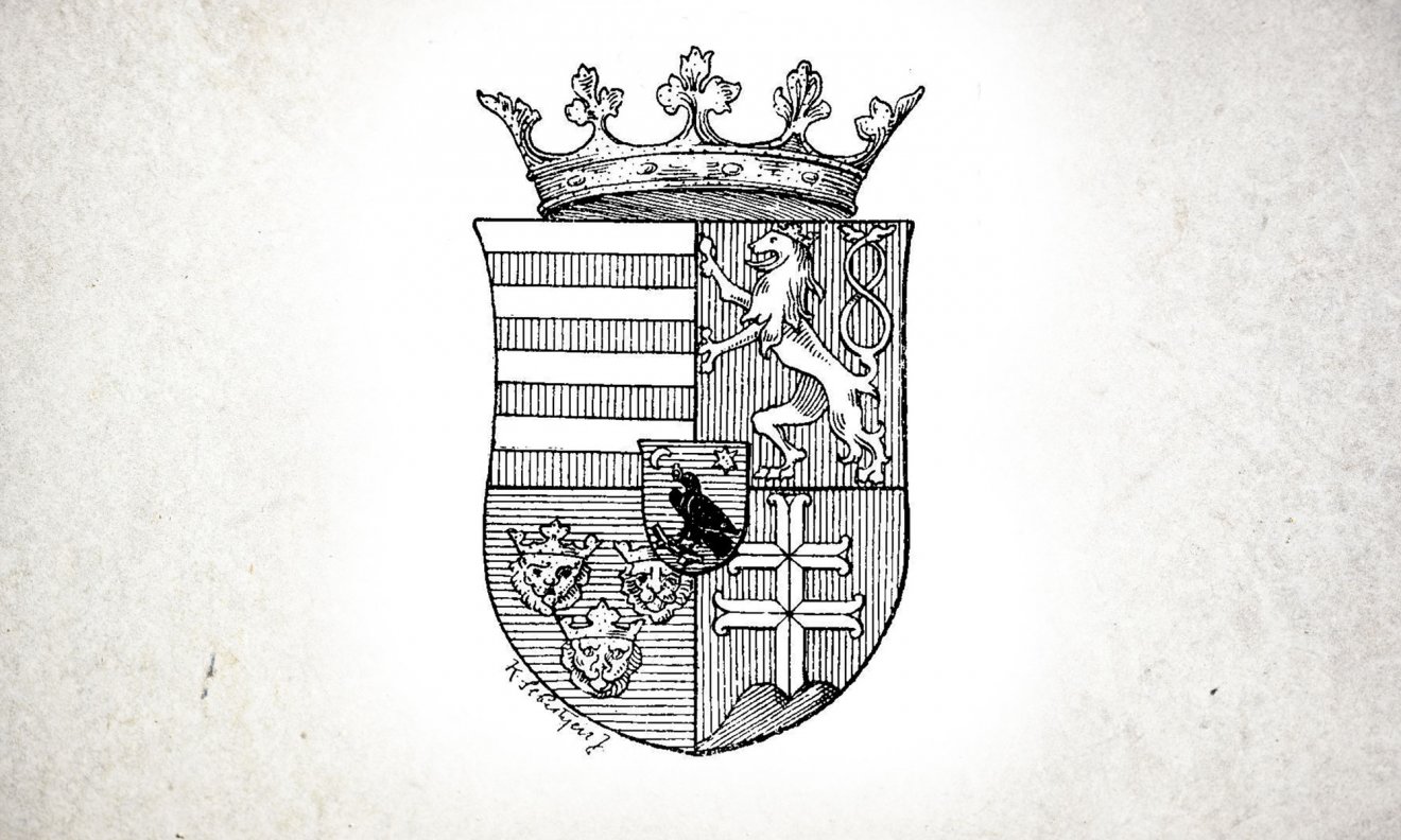A brassói Fekete-templomban látható nyitott koronás országcímer (Köpeczi Sebestyén József rajza). Forrás: Diószegi György Antal: Ars Sacra: a történelem evangéliuma – avagy a magyar Hunyadi-uralkodóház székely eredete a XV. századi templomaink címerábrázolásainak tükrében (Aracs, 2022. augusztus) 