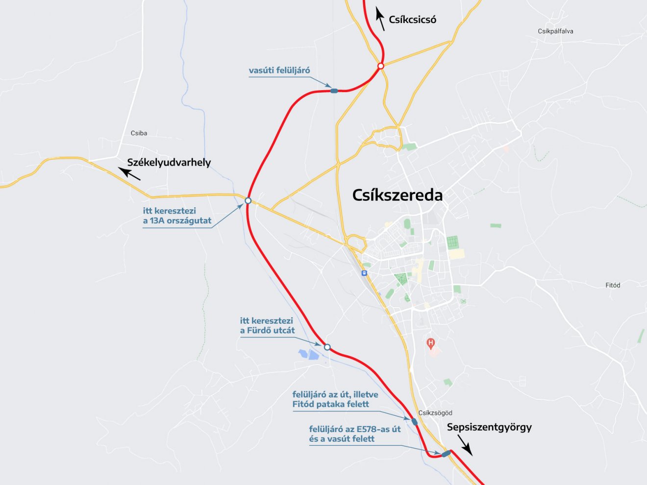 A tervezett elkerülőút nyomvonala és a fontosabb beruházások. Infografika: Csáki Ferencz 