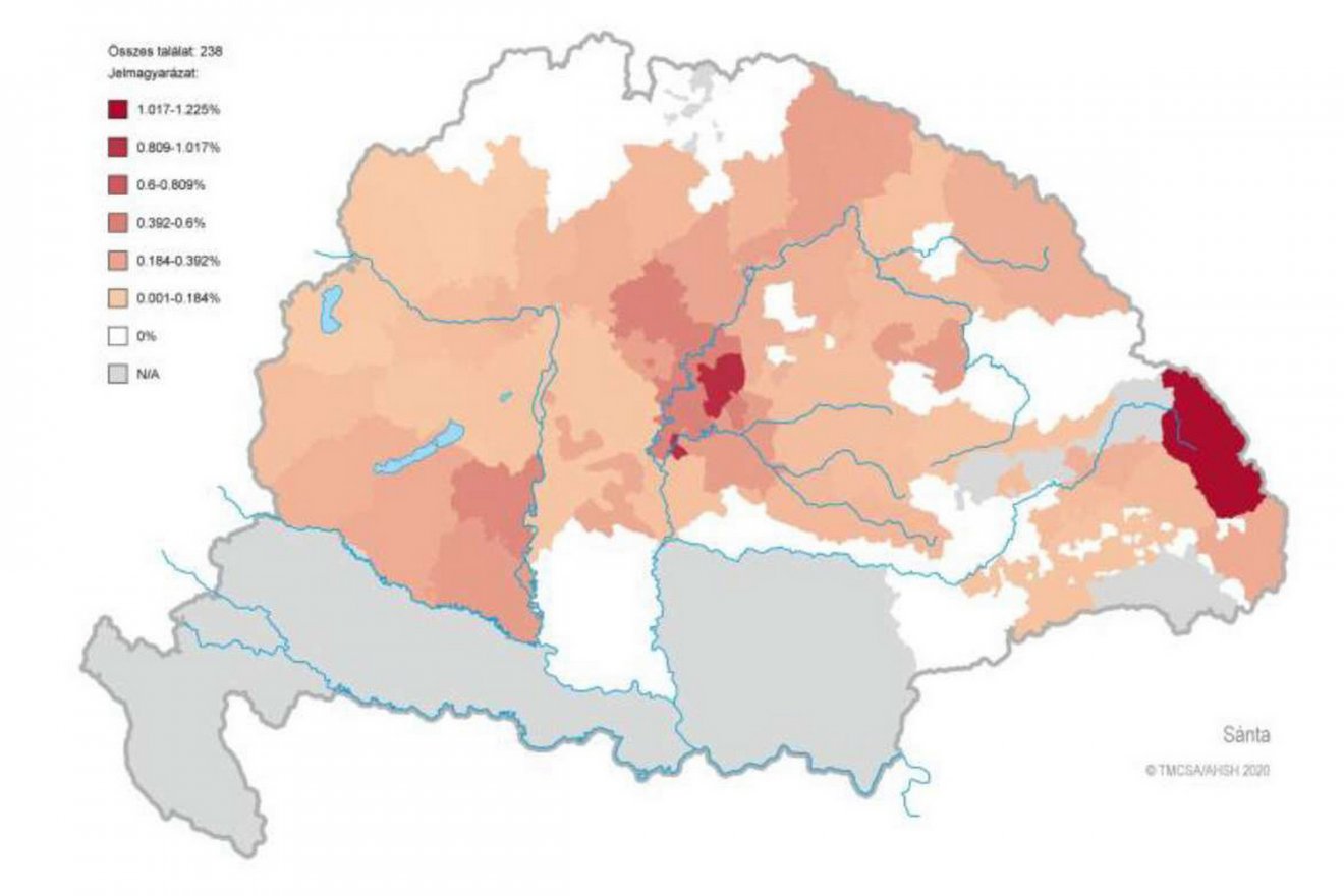 1720–22-ben így oszlottak meg a Sánta és Sántha nevűek a Kárpát-medencében •  Fotó: Történeti magyar családnévatlasz