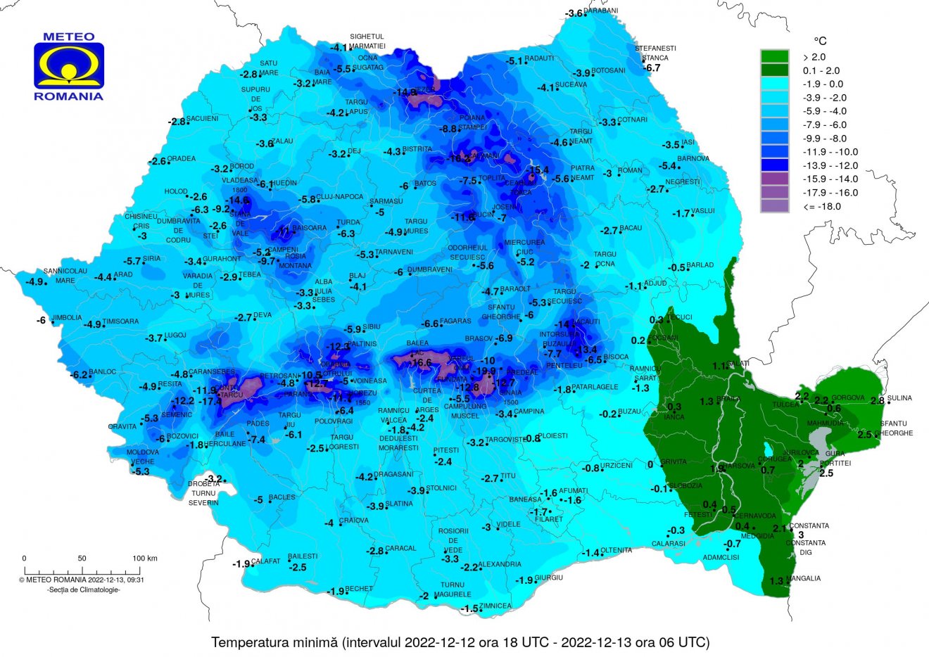 Minimum hőmérsékleti értékek hétfő este hat óra és kedd reggel hat óra között •  Fotó: Országos Meteorológiai Szolgálat