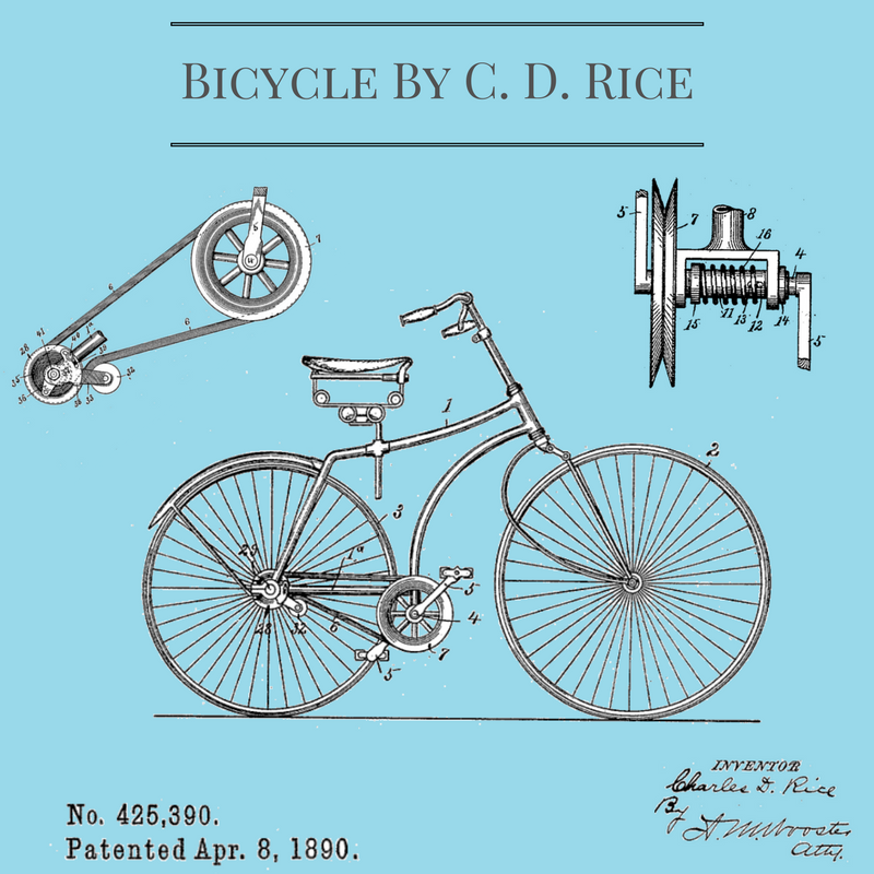 A bicikli szabadalma. 1890. április 8-án szabadalmaztatták Charles D. Rice nevére 