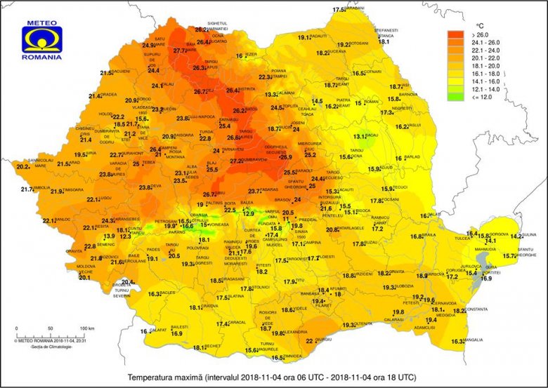 A hegyvonulatok is meleg színekkel körvonalazódtak a november 4-ei hőmérsékleti térképen •  Fotó: Országos Meteorológiai Igazgatóság