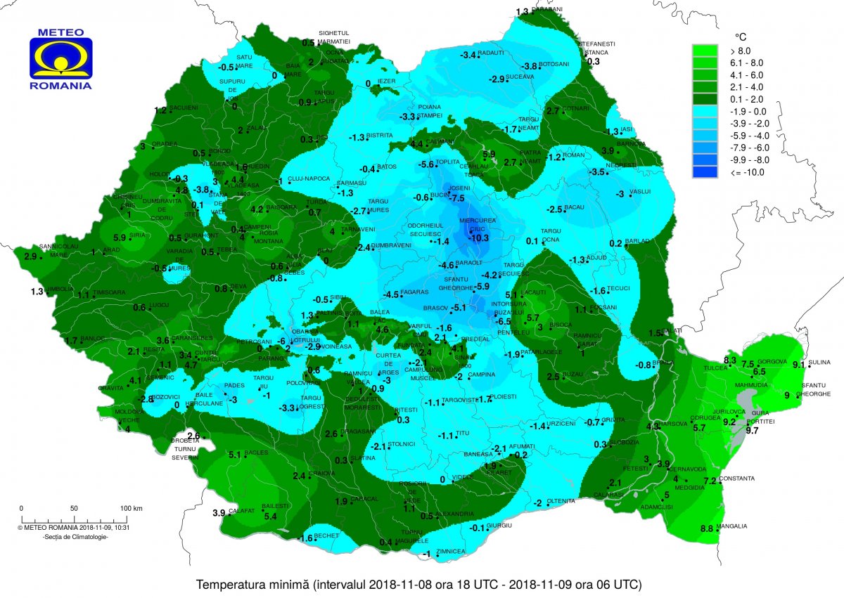 Sepsiszentgyörgyön péntekre virradóan mínusz 5,9 Celsius-fokot is mértek •  Fotó: Országos Meteorológiai Igazgatóság