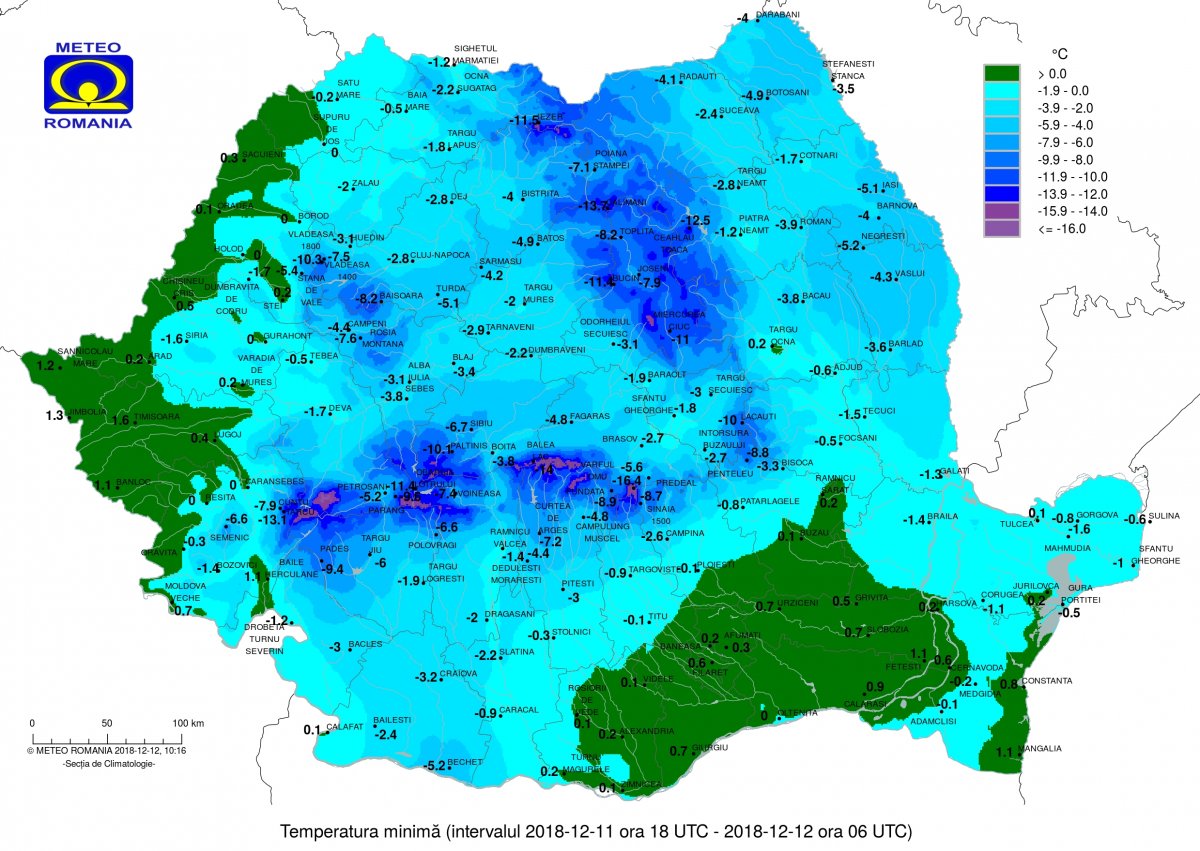 A kedd estétől szerda hajnalig mért minimum hőmérsékleti értékek •  Fotó: Országos Meteorológiai Intézet