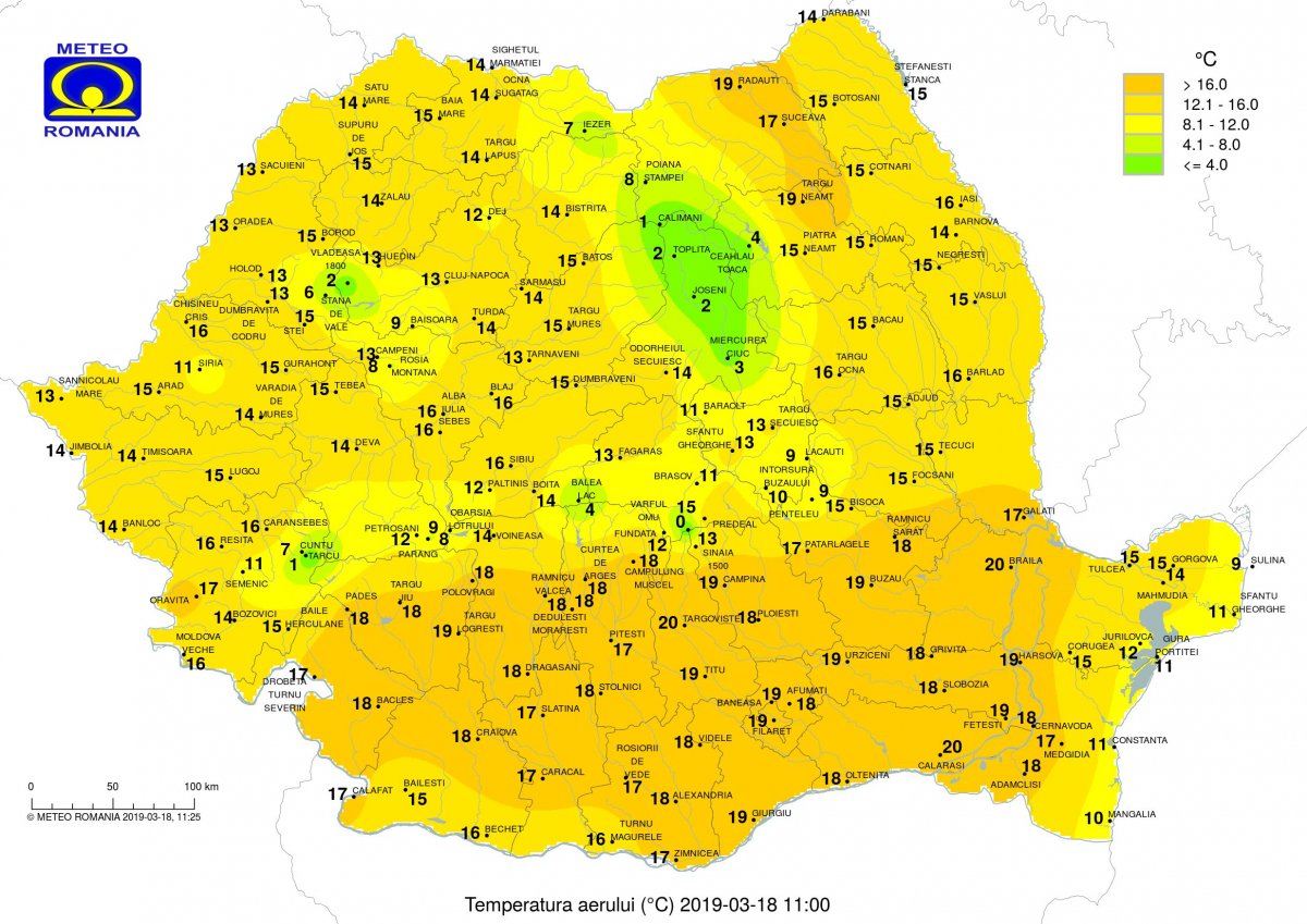 Délelőtt 11 órai hőmérsékletek • Fotó: Országos Meteorológiai Intézet
