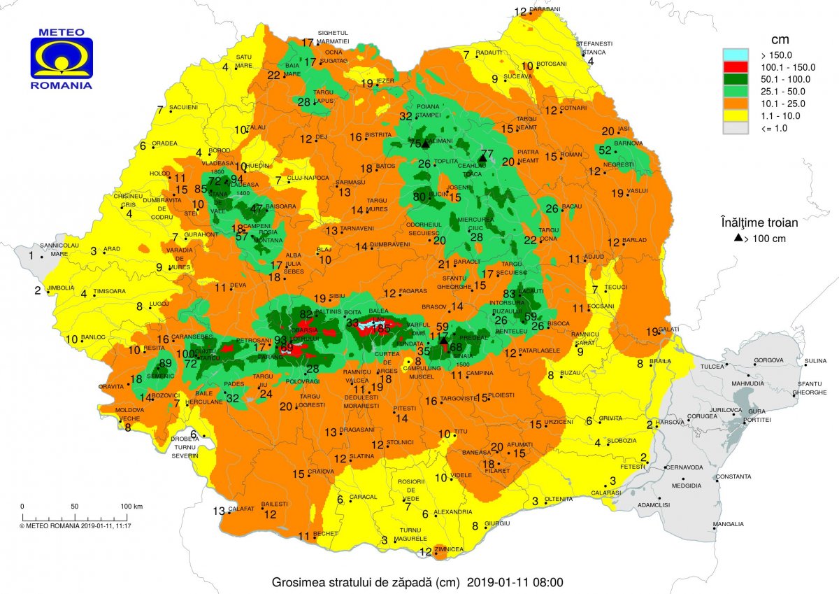 A hóréteg vastagsága a meteorológiai igazgatóság adatai szerint •  Fotó: Országos Meteorológiai Igazgatóság