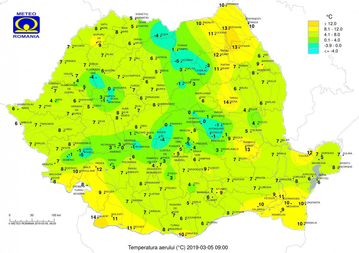 Hőmérsékleti értékek reggel 9 órakor •  Fotó: Országos Meteorológiai Igazgatóság