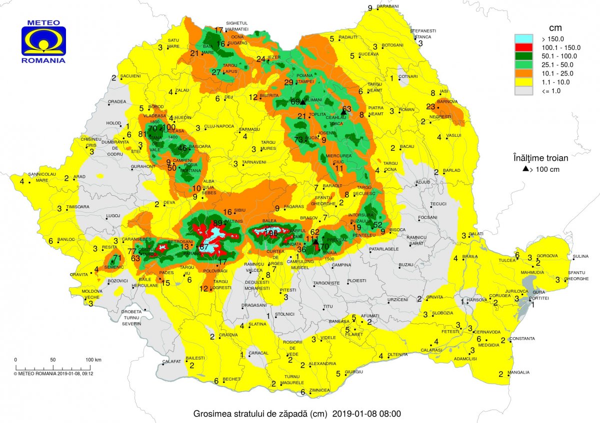 A hóréteg vastagsága kedden reggel 8-kor •  Fotó: Országos Meteorológiai Igazgatóság
