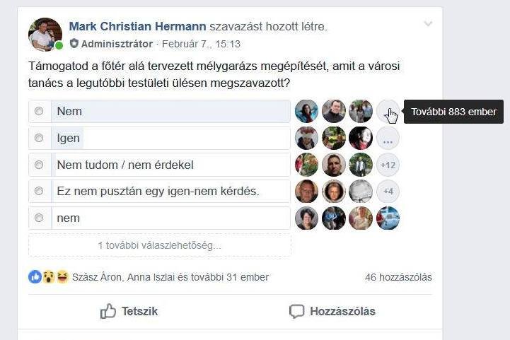 Facebook-szavazás a marosvásárhelyiek körében a mélygarázsról. 886 ellenző és 117 támogató voks • Fotó: Székelyhon 