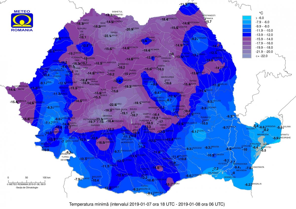 Hőmérsékleti minimumértékek hétfőn este 6 órától kedden reggel 6 óráig •  Fotó: Országos Meteorológiai Igazgatóság