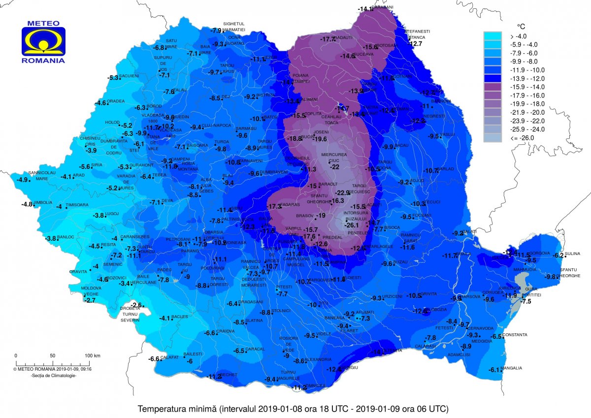 Országos minimum hőmérsékletek szerdára virradóan •  Fotó: Országos Meteorológiai Igazgatóság