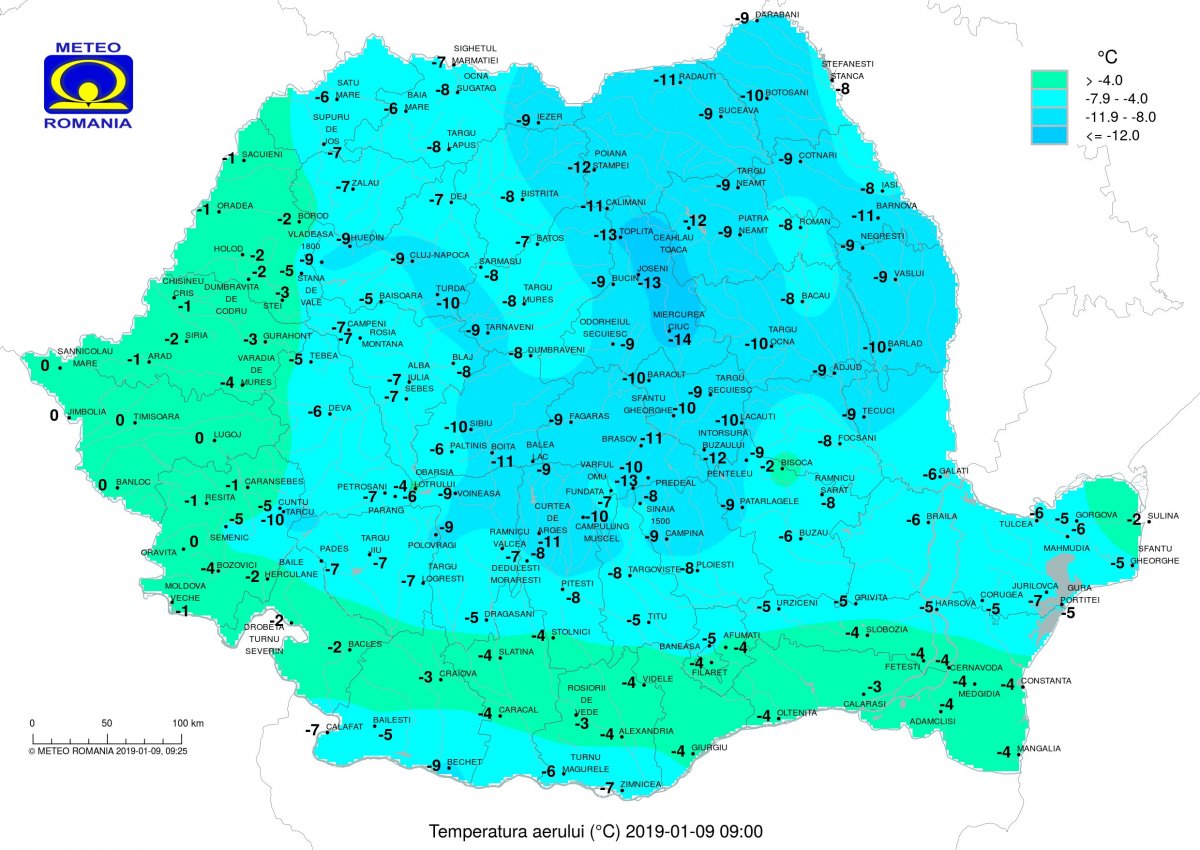 Reggel kilenckor mért hőmérsékleti adatok •  Fotó: Országos Meteorológiai Igazgatóság