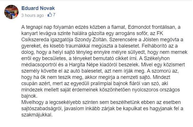 Novák Ede eredeti, többszöri módosítás előtti Facebook-bejegyzése. Forrás: Képernyőfotó 