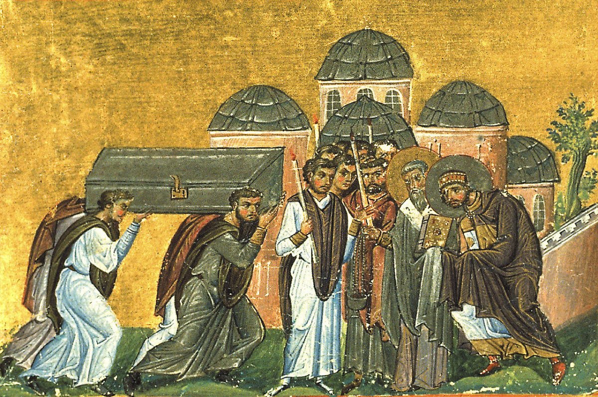 Aranyszájú Szent János ereklyéit Konstantinápolyba viszik a Szent Apostolok templomába • Forrás: Wikipédia 