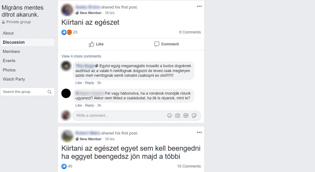 Képernyőfotók: Migránsmentes Ditrót akarunk Facebook-csoport 