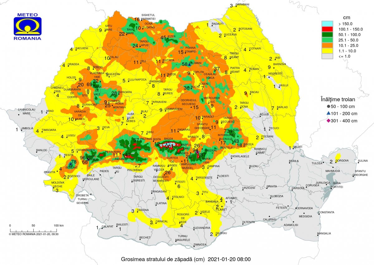 A hóréteg vastagsága szerdán reggel. Székelyudvarhelyen 15 centiméter &bullet;  Fotó: Országos Meteorológiai Szolgálat