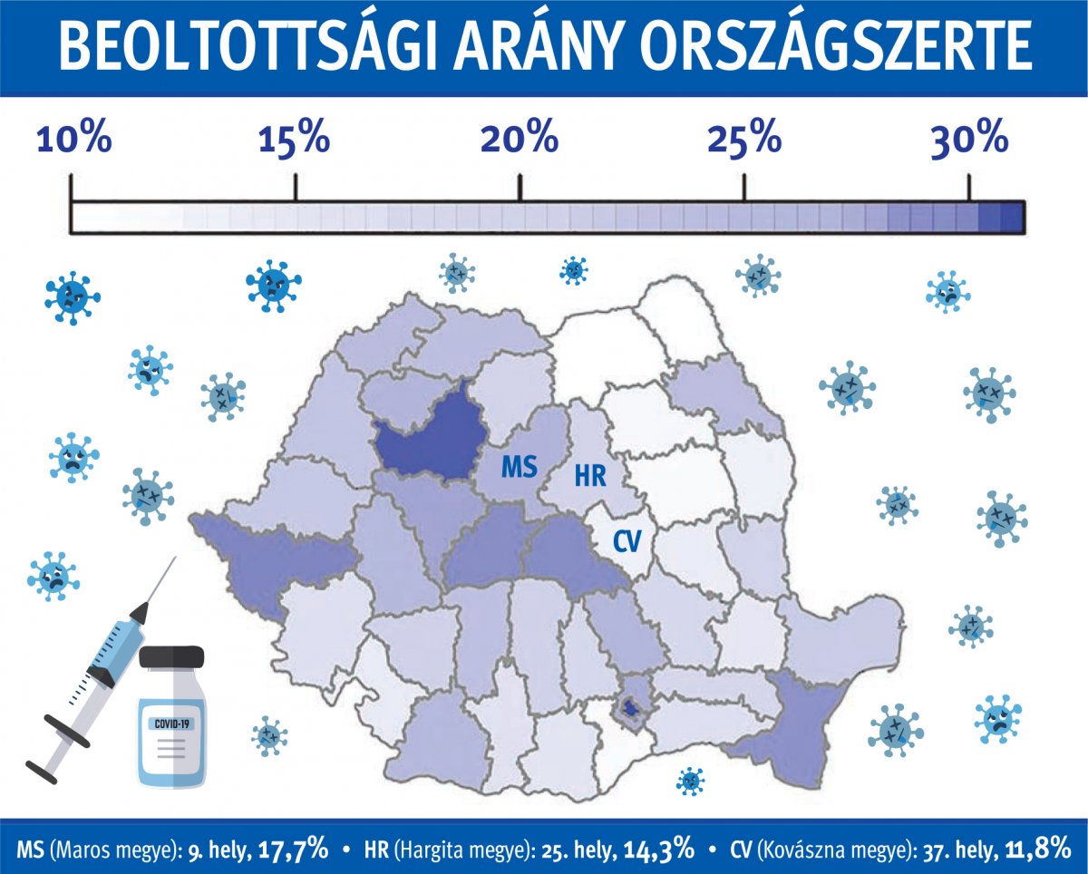 A székelyföldi megyékben 11,8 és 17,7 százalék közötti a lakosság átoltottsági aránya • Infografika: Tóth Szilárd 