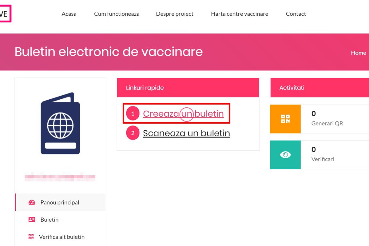 Ezzel be is léptünk az adatfelületünkre, ahol a Creeaza un buletin gombra kattintva feltölthetjük az elektronikus igazolásunkat. Ha ilyenünk még nincs, akkor a papír alapú dokumentumot is beszkennelhetjük itt. Az oldalon egyébként tájékoztatót is kapunk, hogyan juthatunk az elektronikus oltásigazolásunk birtokába •  Fotó: Székelyhon