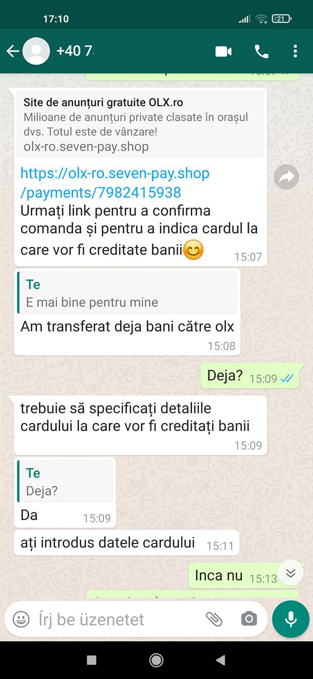 Egy átverésre kiszemelt eladó és a csalók között lezajlott beszélgetés. A bűnözők üzenete itt is WhatsApp-on érkezett • Forrás: Facebook/Székelyudvarhelyi Helyi Rendőrség 
