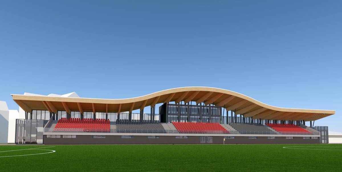 Az új lelátó és kiszolgáló épület látványterve. Formájában hasonlít a már meglévőhöz. Forrás: SC Architectura 