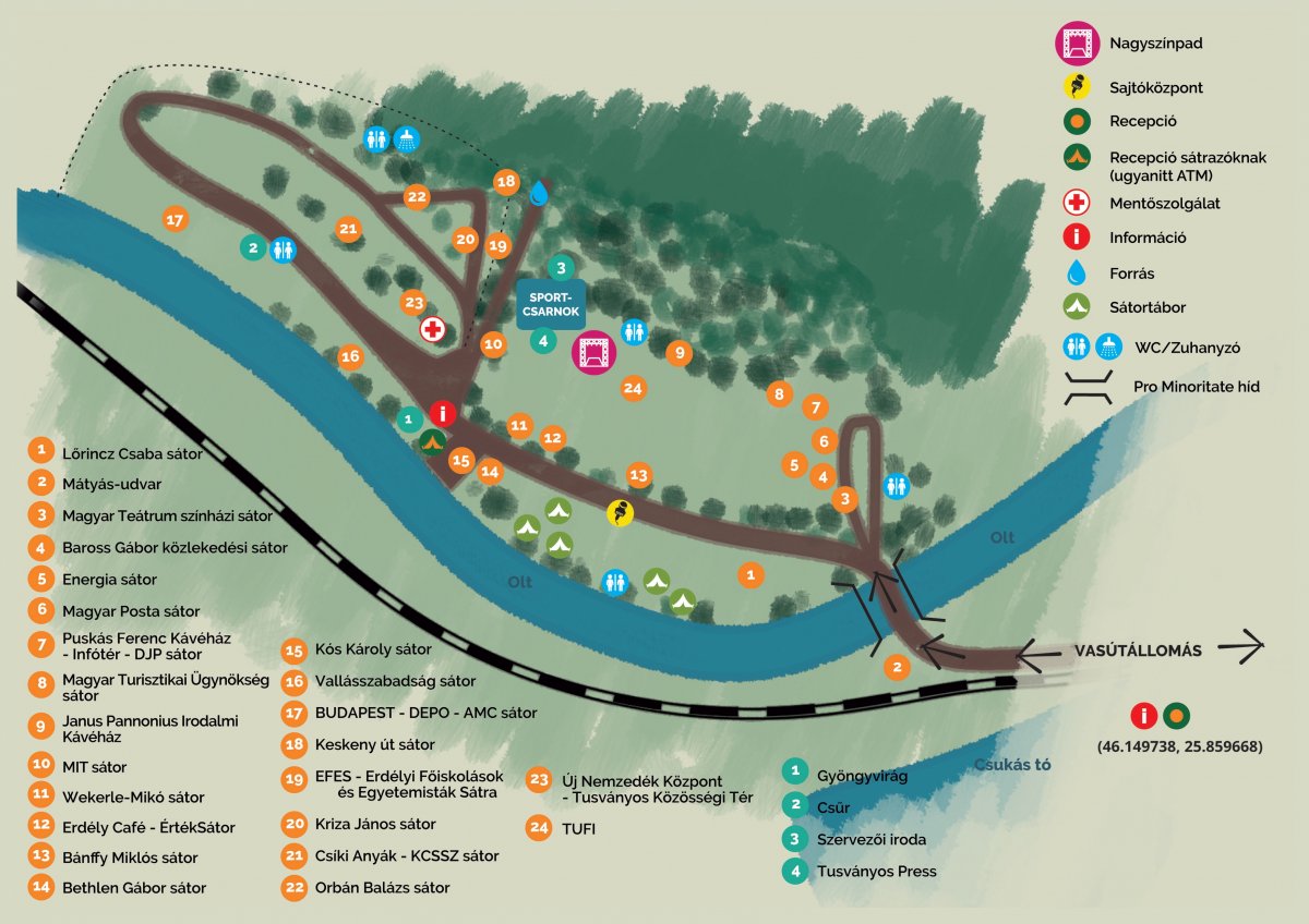 Tusványos a térképen. Minden helyszín egyetlen rajzon