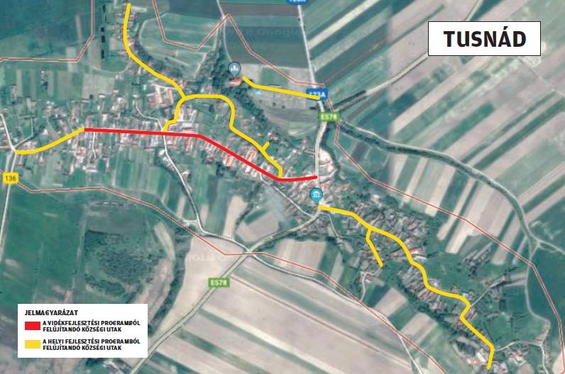 A két pályázatból felújításra kerülő tusnádi útszakaszok 