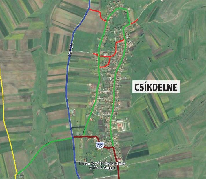 Tervezett munkálatok Delnén (piros szín). Bordóval a megyei utat jelölték 