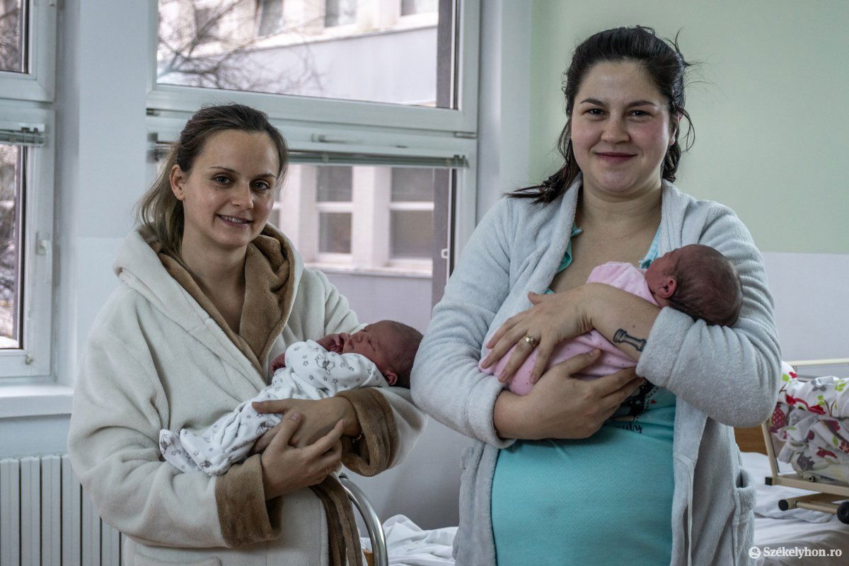 Az újév első csíkszéki szülöttjei és édesanyáik: Imecs Noémi és lánya, Eszter (balról), illetve Mihály Mária és lánya, Léda (jobbról) •  Fotó: Pinti Attila