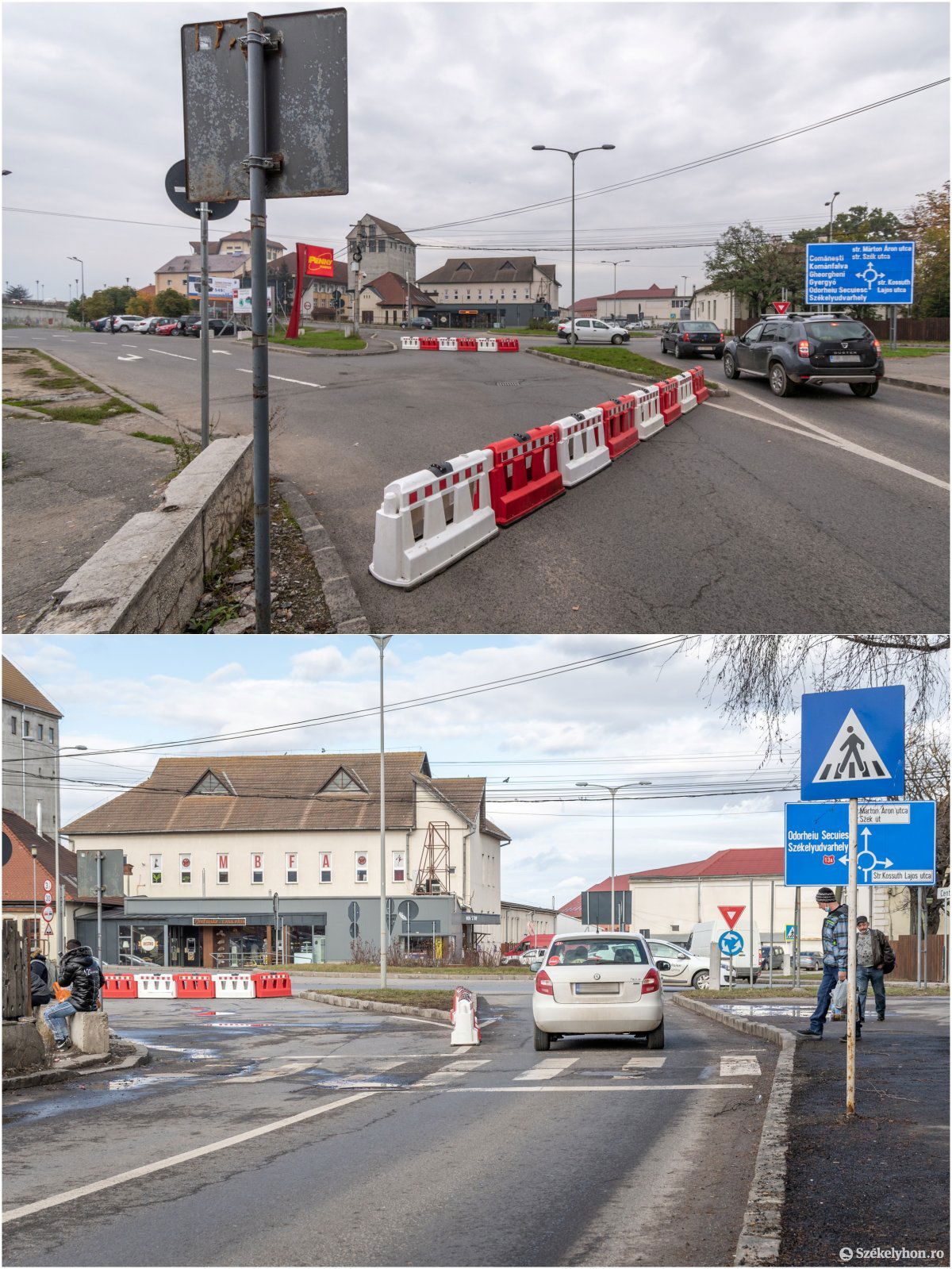 Apró különbség: az áruház parkolójának bejárata előtti forgalomterelő műanyag elemeket odébb helyezték •  Fotó: Pinti Attila