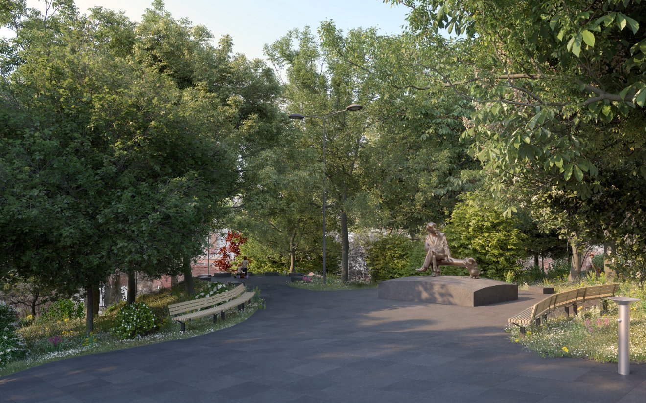 Az új park látványtervei. Egy, Fodor Sándorról készült szobor is helyet kapna itt, de az más beruházásból valósulhat meg