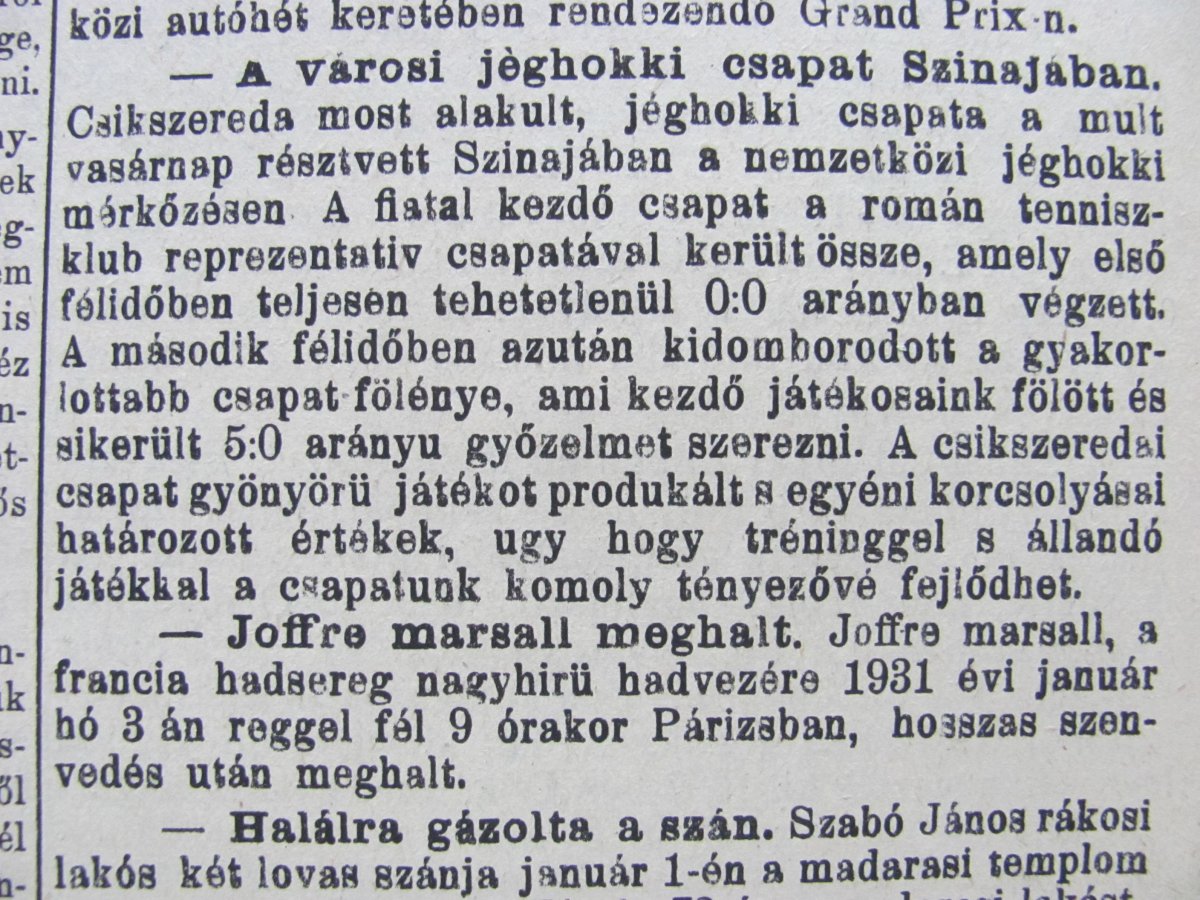 Korabeli cikkrészletek Csíkszereda csapatának első mérkőzéseiről •  Fotó: Forrás. Erőss Vilmos
