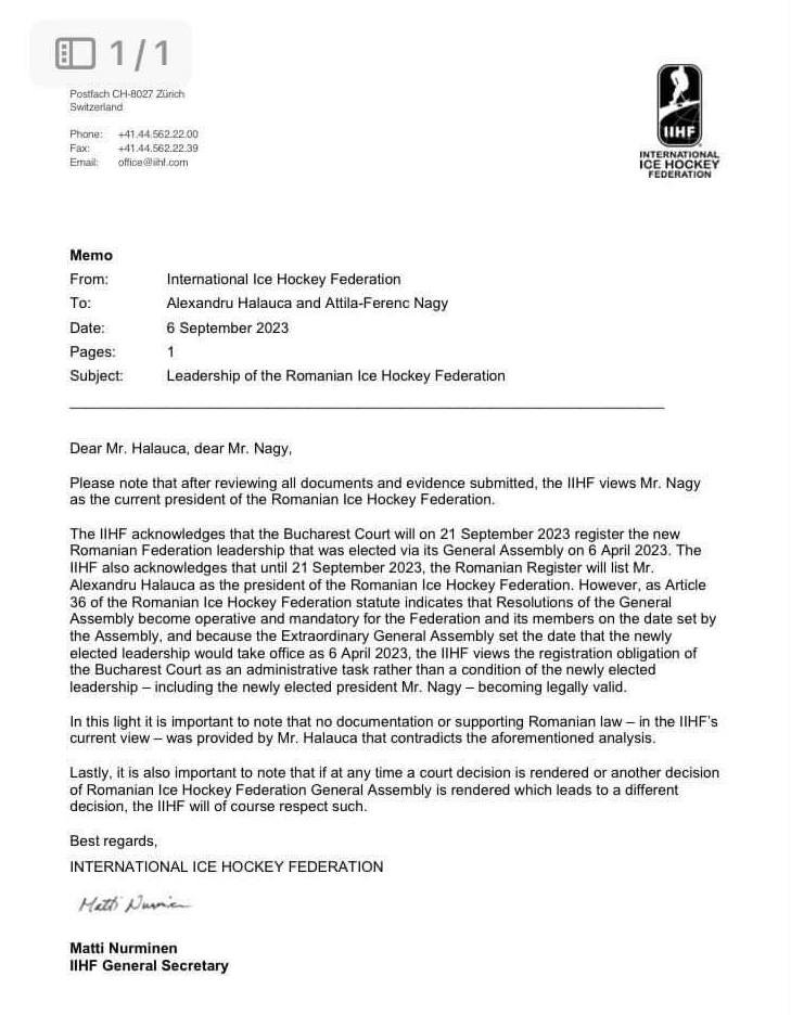 A Nemzetközi Jégkorong-szövetség (IIHF) levele •  Fotó: Forrás: IIHF