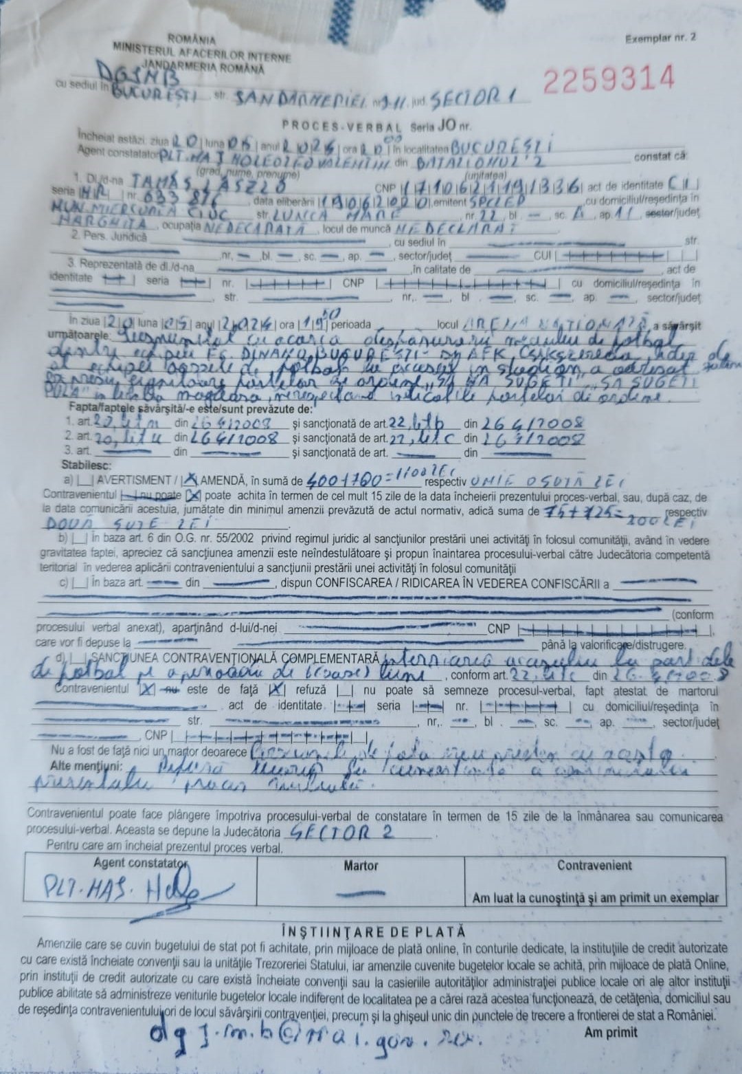 A Tamás László nevére kiállított jegyzőkönyv •  Fotó: Tamás László archívuma