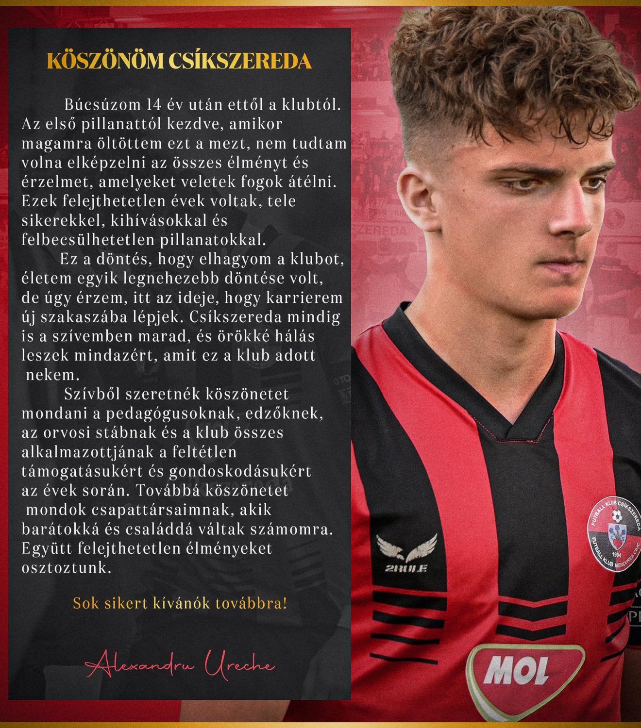 Ureche köszönetet mondott nevelőegyesületnek •  Fotó: Andreea Ureche