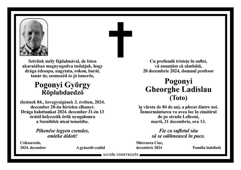 Pogonyi György gyászjelentője •  Fotó: Pogonyi család
