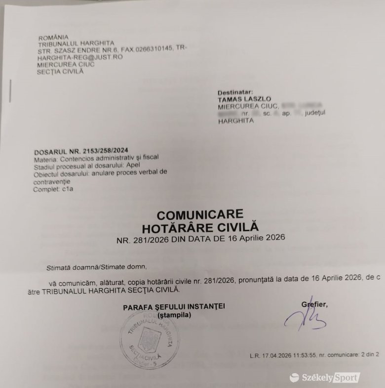 A 2026-os törvényszéki végzés &bullet;  Fotó: Tamás László
