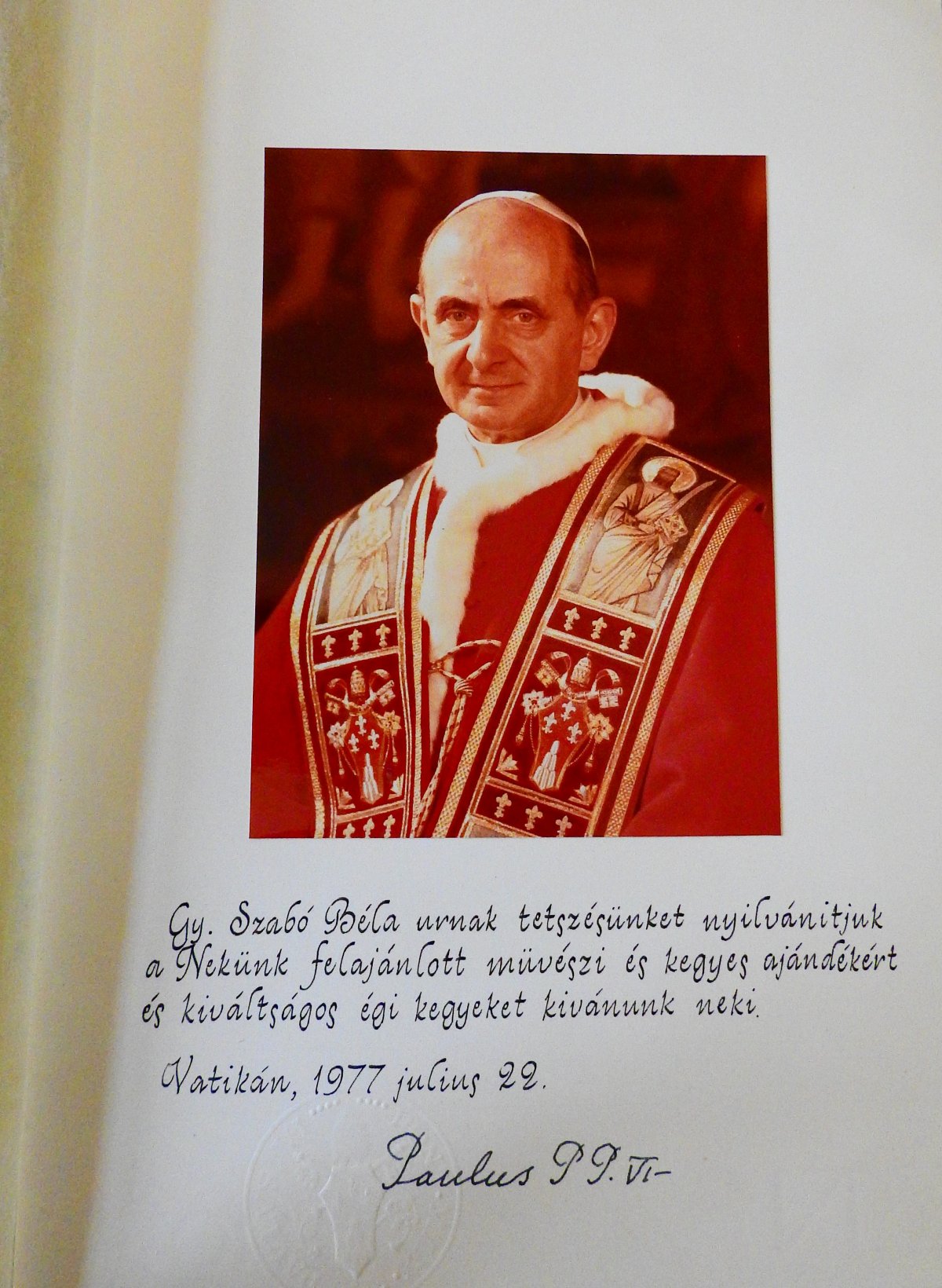 VI. Pál pápa Gy. Szabónak címzett köszönő levele 