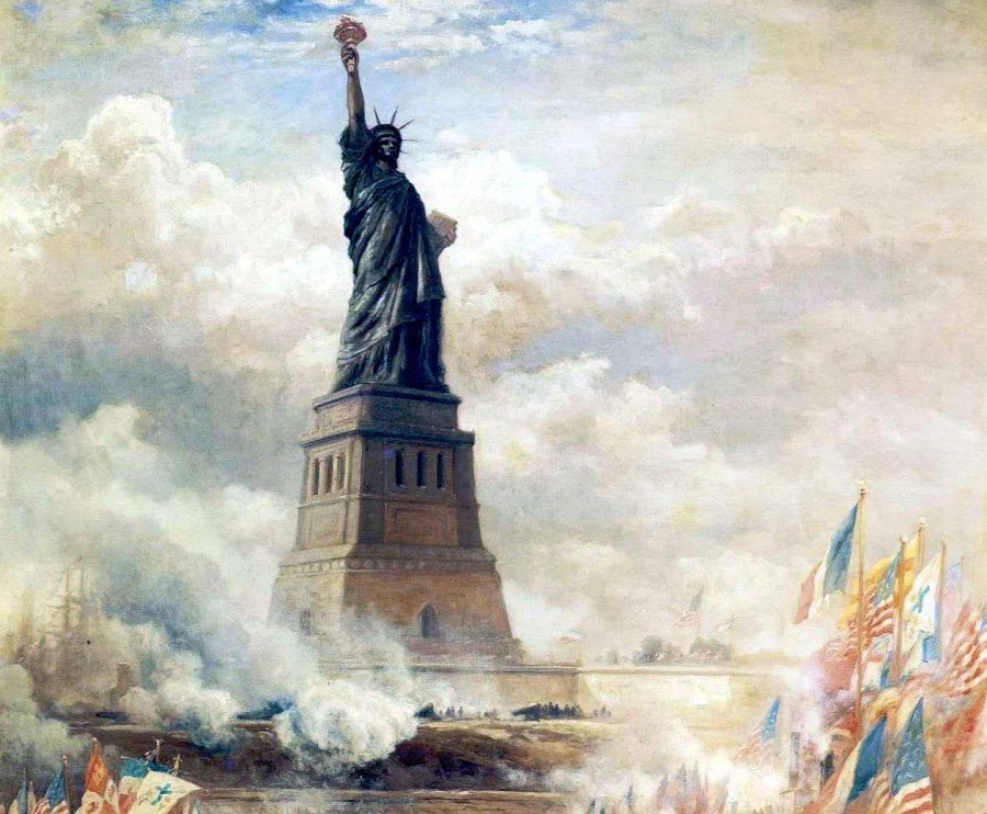 A New York-i Szabadság-szobor leleplezése 135 évvel ezelőtt, 1886-ban •  Fotó: Wikimedia Commons/Edward Moran - Museum of the City of New York