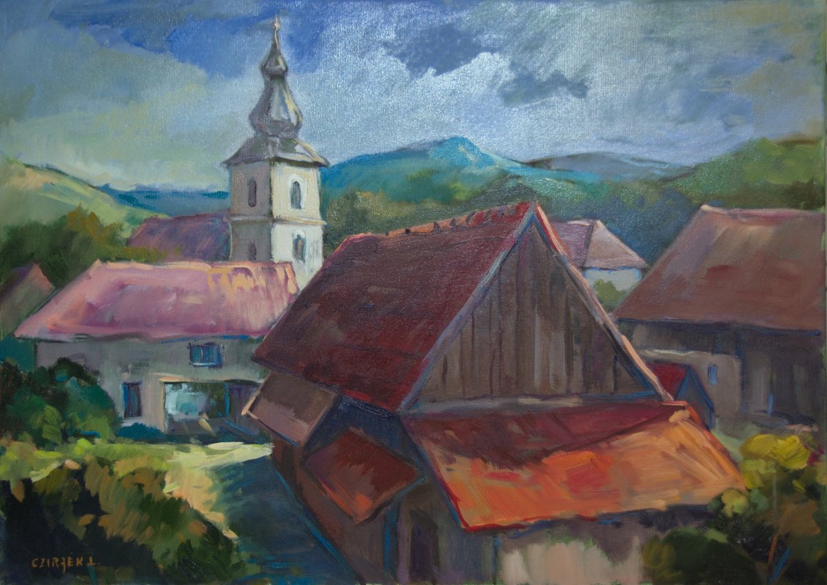 Czirjek Lajos zsoboki tájképe, rajta a református templom 