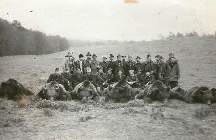 Homoródszentmártoni vadászok és hajtók Nicolae Ceaușescu egyik vadászatán •  Fotó: Benke József gyűjteménye