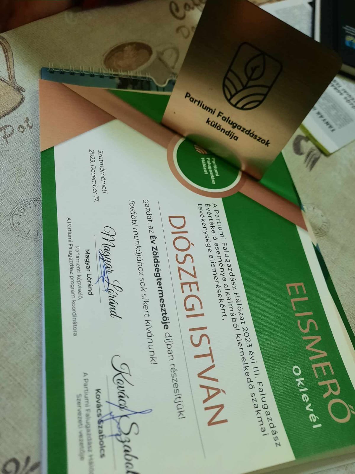 Az Év zöldségtermesztője kitüntetésről szóló oklevél •  Fotó: Diószegi István