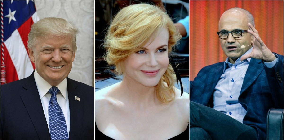 Donald Trump amerikai elnök, Nicole Kidman színésznő, Satya Nadella Microsoft cégvezető &bullet;  Fotó: Wikipédia