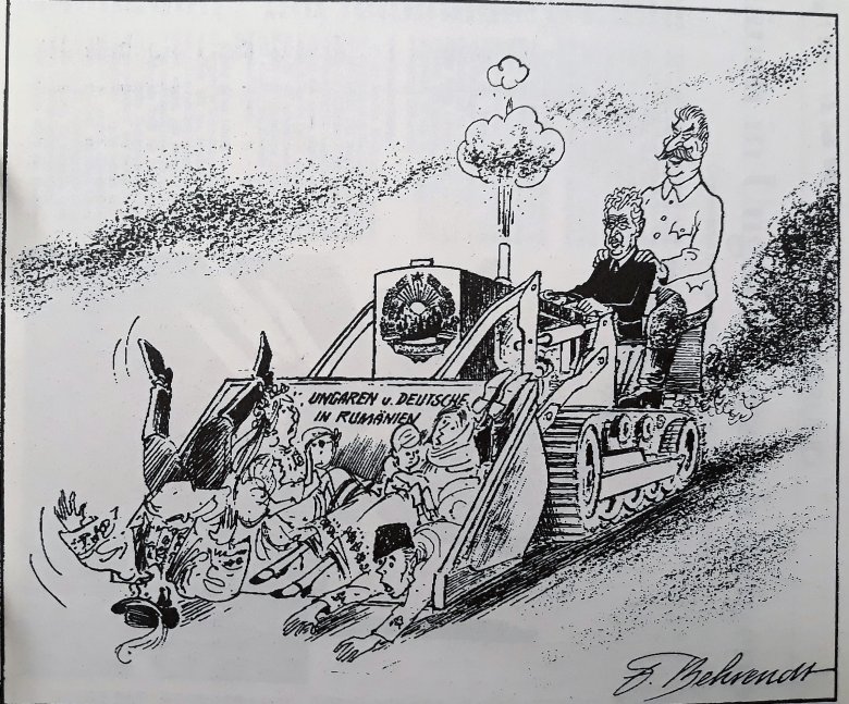 Karikatúra a Frankfurter Allgemeine Zeitungban a romániai magyarok
és a németek eltakarításáról 
