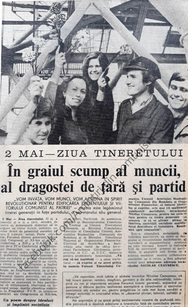 Egy korabeli bukaresti napilap cikke a dolgozó boldog ifjúságról •  Fotó: Facebook/Amintiri din comunism