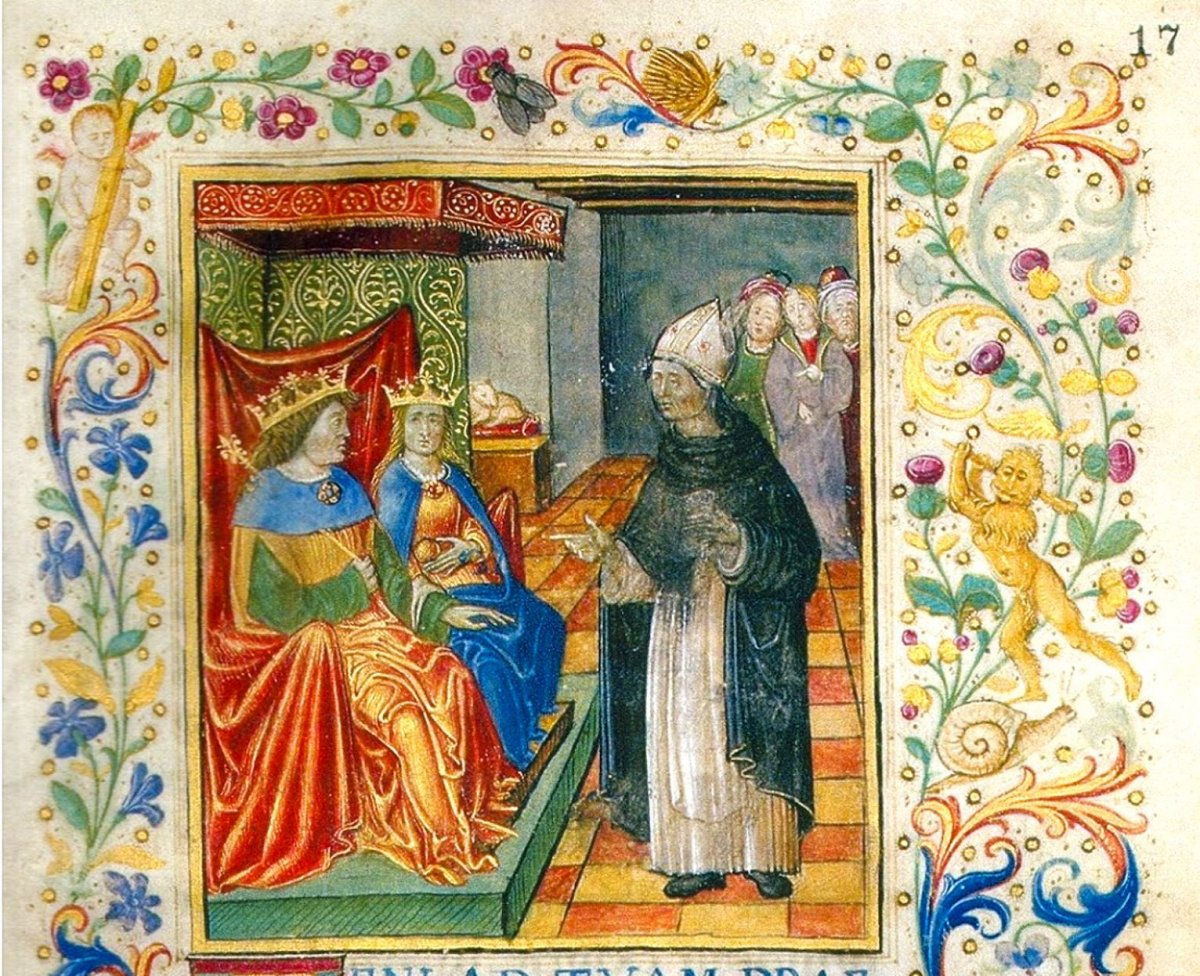 A Ransanus-kódex lapja: Pietro Ranzano beszédet mond Mátyás és Beatrix előtt