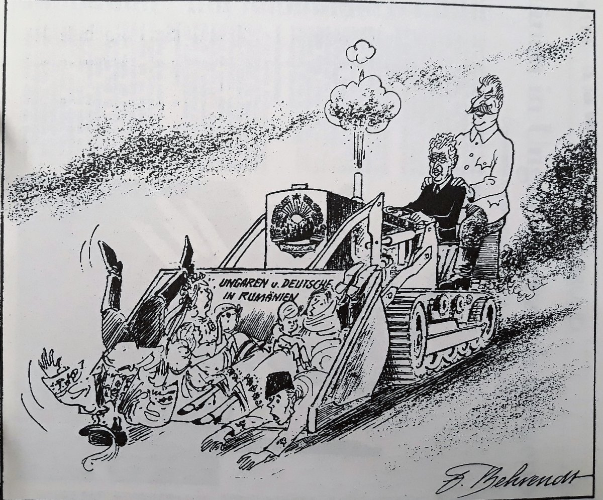 Karikatúra a Frankfurter Allgemeine Zeitungban a romániai magyarok
és a németek eltakarításáról 